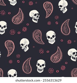 Seamless pattern with hand drawn inky skulls surrounded by paisley. Skeleton heads repeat background.