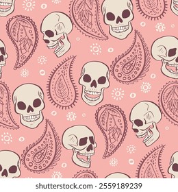 Seamless pattern with hand drawn inky skulls surrounded by paisley. Skeleton heads repeat background.