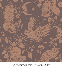 Seamless pattern with hand drawn inky eagle owls sitting on human skulls. Celestial Skeleton heads with predator birds in forest foliage repeat background. Night sky with crescents and stars wallpaper