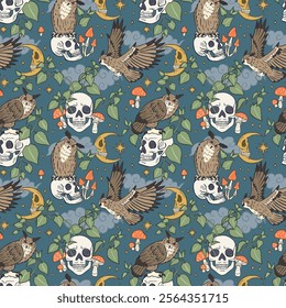 Seamless pattern with hand drawn inky eagle owls sitting on human skulls. Celestial Skeleton heads with predator birds in forest foliage repeat background. Night sky with crescents and stars wallpaper