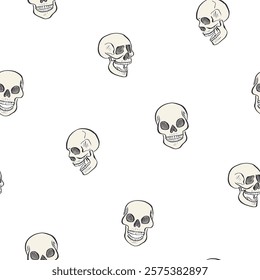 Seamless pattern with hand drawn inky skulls. Skeleton heads repeat background.