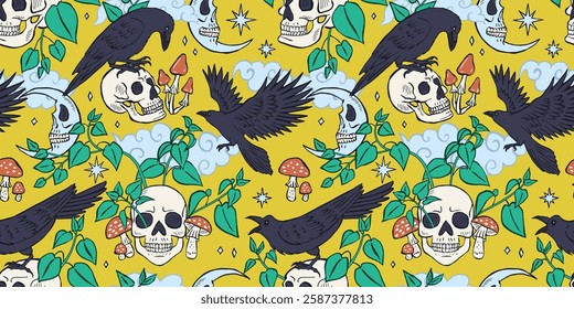 Seamless pattern with hand drawn inky ravens or crows sitting on human skulls. Celestial Skeleton heads in forest foliage repeat background. Night sky with crescents, birds and stars wallpaper