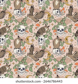 Seamless pattern with hand drawn inky eagle owls sitting on human skulls. Celestial Skeleton heads with predator birds in forest foliage repeat background. Night sky with crescents and stars wallpaper