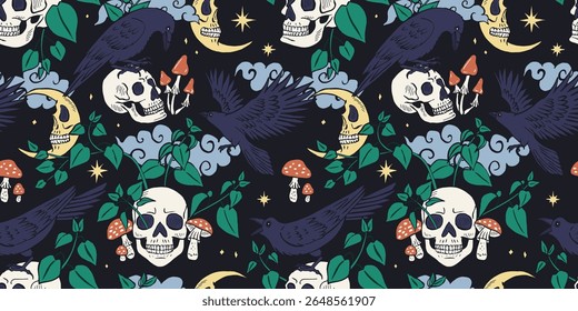 Padrão contínuo com corvos ou corvos de tinta desenhados à mão sentados em crânios humanos. Celestial Skeleton cabeças na folhagem da floresta repetem o fundo. Céu noturno com crescentes, pássaros e estrelas papel de parede