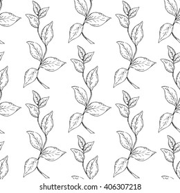 Seamless pattern of hand drawn inky fronds. Black and white branches with leaves background. Monochrome botanical seamless texture. Hand drawn eco element for wallpaper, backdrop, wrapping, etc. 