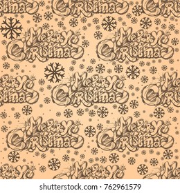Seamless pattern with hand drawn inscription Merry Christmas and snowflakes for wrapping paper, web pages and other items.