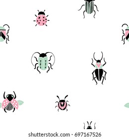 Seamless pattern with hand drawn insects. Cute colorful beetles in flat style. Minimalistic vector texture for paper, textile print, page fill, paper. Free hand doodle bugs. Small Animals Vector 