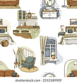 Seamless pattern with hand drawn interior scenes