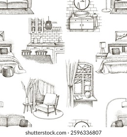 Seamless pattern with hand drawn interior scenes