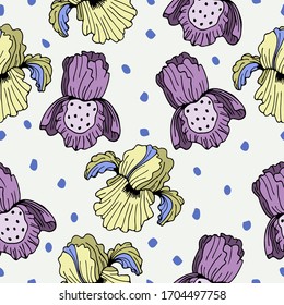 Seamless pattern with hand drawn Iris flowers on a beige background. Doodle, simple outline illustration. It can be used for decoration of textile, paper and other surfaces.