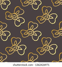 Seamless pattern with hand drawn irises. Golden flowers on black background. Suitable for packaging, wrappers, fabric design. Vector illustration.