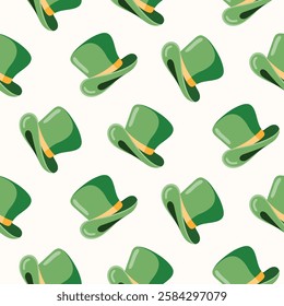 Seamless pattern of hand drawn Irish green hats on isolated background. Design for St. Patrick’s day celebration, party decoration, scrapbooking, home decor, textile, paper crafts.