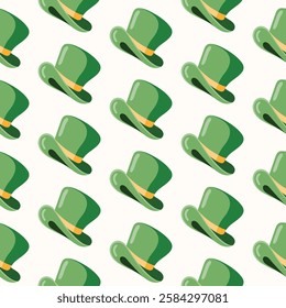 Seamless pattern of hand drawn Irish green hats on isolated background. Design for St. Patrick’s day celebration, party decoration, scrapbooking, home decor, textile, paper crafts.