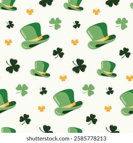 Seamless pattern of hand drawn Irish green hats and shamrocks, on isolated background. Design for St. Patrick’s day celebration, party decoration, scrapbooking, home decor, textile, paper crafts.