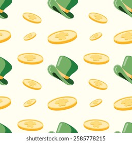 Seamless pattern of hand drawn Irish green hats and golden coins on isolated background. Design for St. Patrick’s day celebration, party decoration, scrapbooking, home decor, textile, paper crafts.