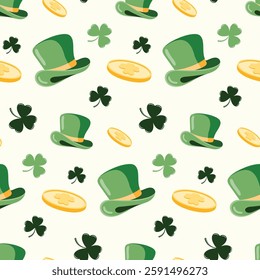 Seamless pattern of hand drawn Irish green hats, golden coins and shamrocks on isolated background. Design for St. Patrick’s day celebration, party decoration, scrapbooking, home decor, paper crafts.