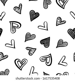 Seamless pattern with hand drawn isolated heart. Doodle rough marker heart. Love background. Vector Illustration