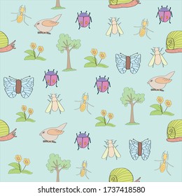 Seamless pattern of hand drawn isolated tree, flowers, snail, butterfly, ant, bee and bird on blue background, gardening concept