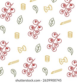 Seamless pattern with hand drawn Italian food. Tomatoes, pasta and basil leaves. Traditional cuisine doodle texture for fabric, wrapping, or packaging.