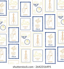 Seamless pattern with hand drawn Italian food and Amalfi lemon postcards. Mediterranean summer illustration in vintage stamp frames. Coastal Italia travel print.