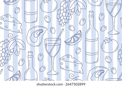 Seamless pattern with hand drawn italian food and drinks. Blue background wuth mediterranean elements and stripes