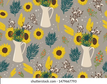 Seamless pattern with hand drawn jag and sunflower, cotton flower, ear and pomegranate for wallpaper, wrapping, apparel, fabric background. Stock vector