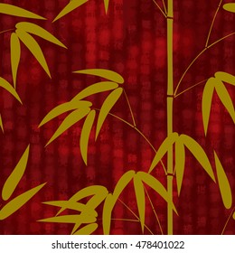 Seamless pattern with hand drawn japanese style bamboo on a red background with hieroglyphs