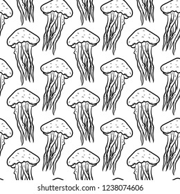 Seamless pattern hand drawn jellyfish. Doodle black sketch. Sign symbol. Decoration element. Isolated on white background. Flat design. Vector illustration.