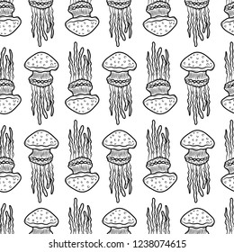 Seamless pattern hand drawn jellyfish. Doodle black sketch. Sign symbol. Decoration element. Isolated on white background. Flat design. Vector illustration.