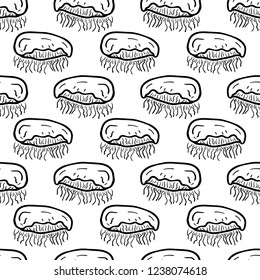 Seamless pattern hand drawn jellyfish. Doodle black sketch. Sign symbol. Decoration element. Isolated on white background. Flat design. Vector illustration.