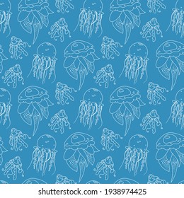 Seamless pattern with hand drawn jellyfish. Vector doodle slyle illustration. White line objects on blue background. Cute childish texture for wrapping paper, textile, print, fabric, wallpaper, web.