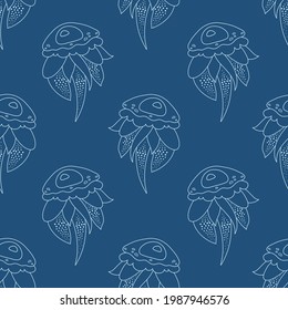 Seamless pattern with hand drawn jellyfish. Vector doodle illustration. White line objects on blue background. Cute ocean  texture for wrapping paper, textile, print, fabric, wallpaper, web.