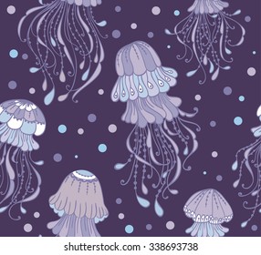 Seamless pattern with hand drawn jellyfish. Vector illustration. Doodle decorative jellyfish outline drawing