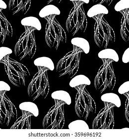 Seamless pattern with hand drawn  jellyfish silhouette in black background. For textile, wrapping, wallpaper