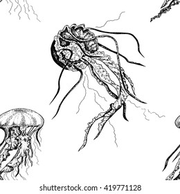 Seamless pattern with hand drawn jellyfish. Vector