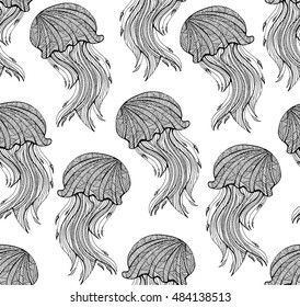 Seamless pattern with Hand drawn jellyfish for adult Coloring Page in zentangle style. Uncolored stylized jellyfish illustration with high details isolated on white background vector