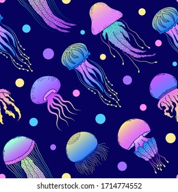 Seamless pattern with hand drawn jellyfishes in doodle style on dark blue background.
