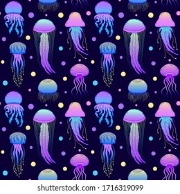 Seamless pattern with hand drawn jellyfishes in doodle style on dark blue background.
