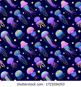 Seamless pattern with hand drawn jellyfishes in doodle style on dark blue background
