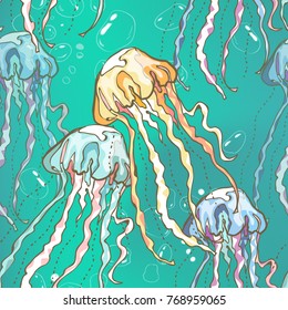 Seamless pattern with hand drawn  jellyfishes with bubbles. Vector illustration 