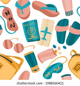 Seamless pattern with hand drawn journey items. Sunglasses, headphones, tickets, flip flops and other travel elements. Vector illustration for packaging, textile, cards, advertising or web.