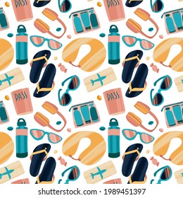 Seamless pattern with hand drawn journey items. Sunglasses, headphones, tickets, flip flops and other travel elements. Vector illustration for packaging, textile, cards, advertising or web.