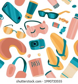 Seamless pattern with hand drawn journey items. Sunglasses, headphones, tickets, flip flops and other travel elements. Vector illustration for packaging, textile, cards, advertising or web.