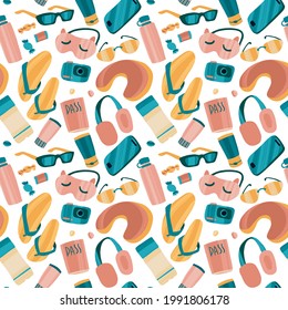 Seamless pattern with hand drawn journey items. Sunglasses, headphones, tickets, flip flops and other travel elements. Vector illustration for packaging, textile, cards, advertising or web.