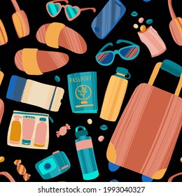 Seamless pattern with hand drawn journey items. Sunglasses, headphones, tickets, flip flops and other travel elements. Vector illustration for packaging, textile, cards, advertising or web.
