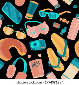Seamless pattern with hand drawn journey items. Sunglasses, headphones, tickets, flip flops and other travel elements. Vector illustration for packaging, textile, cards, advertising or web.