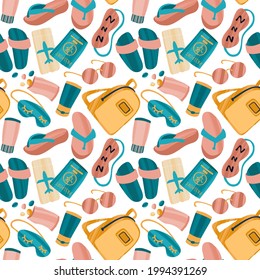Seamless pattern with hand drawn journey items. Sunglasses, headphones, tickets, flip flops and other travel elements. Vector illustration for packaging, textile, cards, advertising or web.