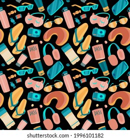 Seamless pattern with hand drawn journey items. Sunglasses, headphones, tickets, flip flops and other travel elements. Vector illustration for packaging, textile, cards, advertising or web.