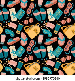 Seamless pattern with hand drawn journey items. Sunglasses, headphones, tickets, flip flops and other travel elements. Vector illustration for packaging, textile, cards, advertising or web.