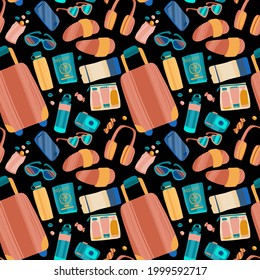 Seamless pattern with hand drawn journey items. Sunglasses, headphones, tickets, flip flops and other travel elements. Vector illustration for packaging, textile, cards, advertising or web.